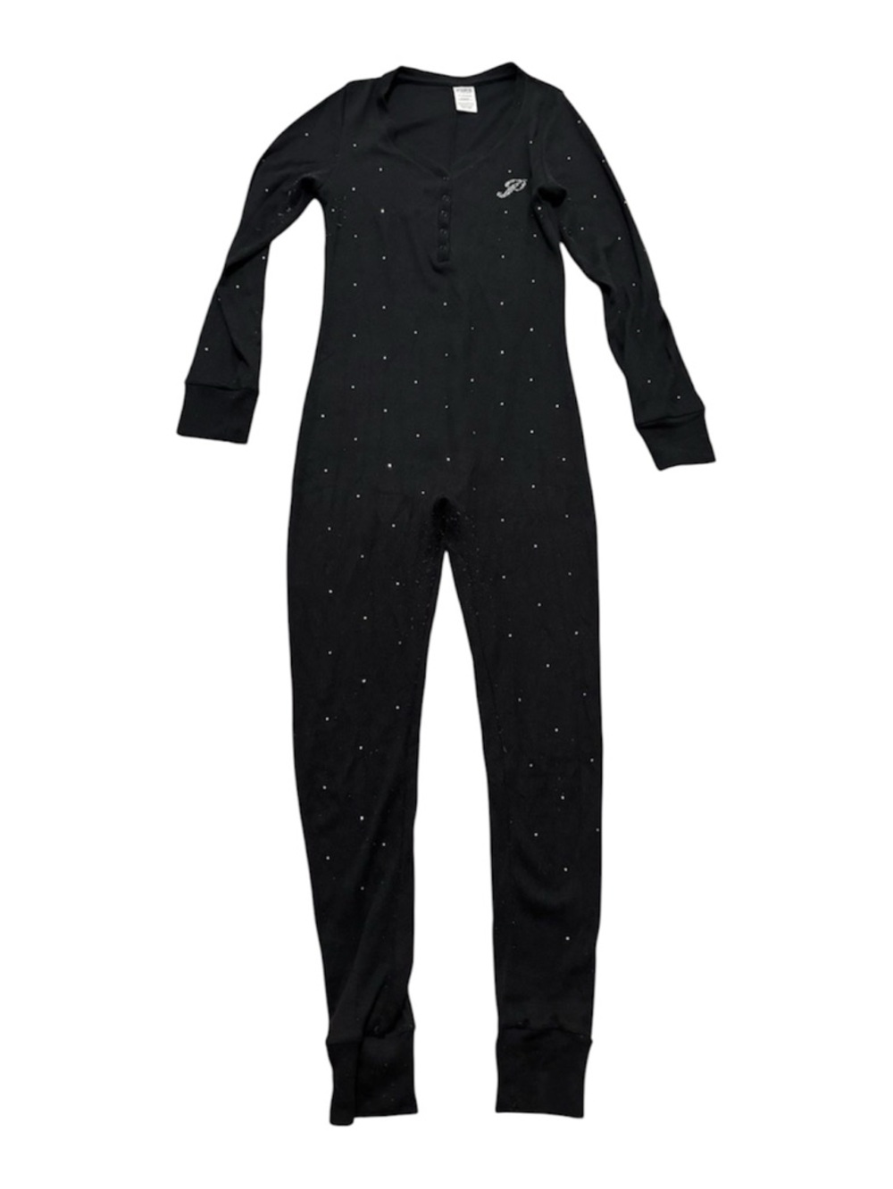 PINK Victoria's Secret Black Thermal Ribbed Onesie Pajamas w/ Crystals Sz M